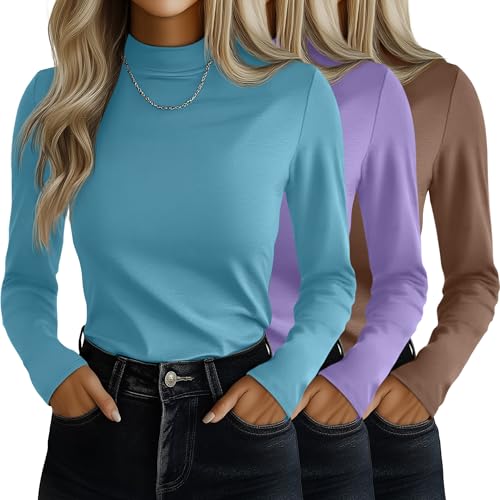 Ficerd 3 Pack Womens Mock Turtleneck Shirts Long Sleeve Mock Neck Pullover Tops Slim Fitted Stretch Undershirt Tee Blouse Light Blue Violet BrownXXLarge - Image 1