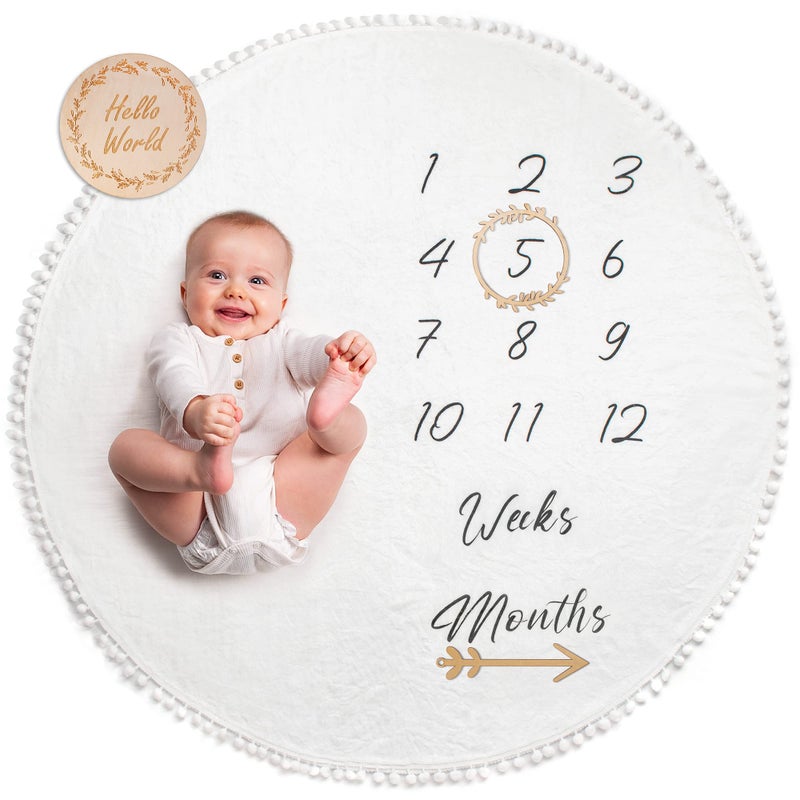 ODOXIA Baby Milestone Blanket | Round Monthly Photo Mat for Boy or Girl, Unisex | Gender Neutral | Personalised Baby Shower Present for New Mums | Age Mat | Newborn Milestone Blanket | Includes Wooden Frames - Image 1