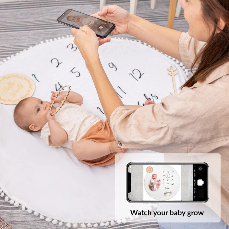 ODOXIA Baby Milestone Blanket | Round Monthly Photo Mat for Boy or Girl, Unisex | Gender Neutral | Personalised Baby Shower Present for New Mums | Age Mat | Newborn Milestone Blanket | Includes Wooden Frames - Image 2
