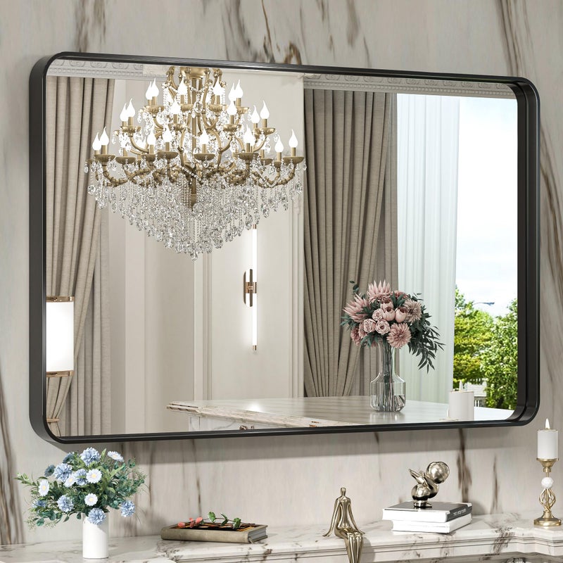 TokeShimi 40 x 30 Inch Wall Mirror for Bathroom Black Metal Frame Decorative Rectangular Wall Mounted Home Decor Corner Hangs Farmhouse Mirror HorizontalVertical