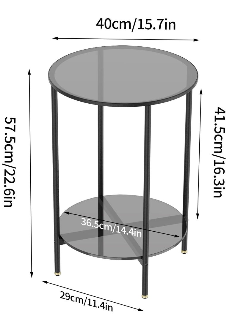 طاولة من الزجاج المقسى الملون، طاولة جانبية مستديرة من طبقتين، طاولة بجانب السرير باللون الرمادي، طاولة جانبية للتخزين الحديثة، طاولة جانبية من الزجاج البسيط مع إطار غير لامع، طاولة أريكة بجانب السرير - Image 2