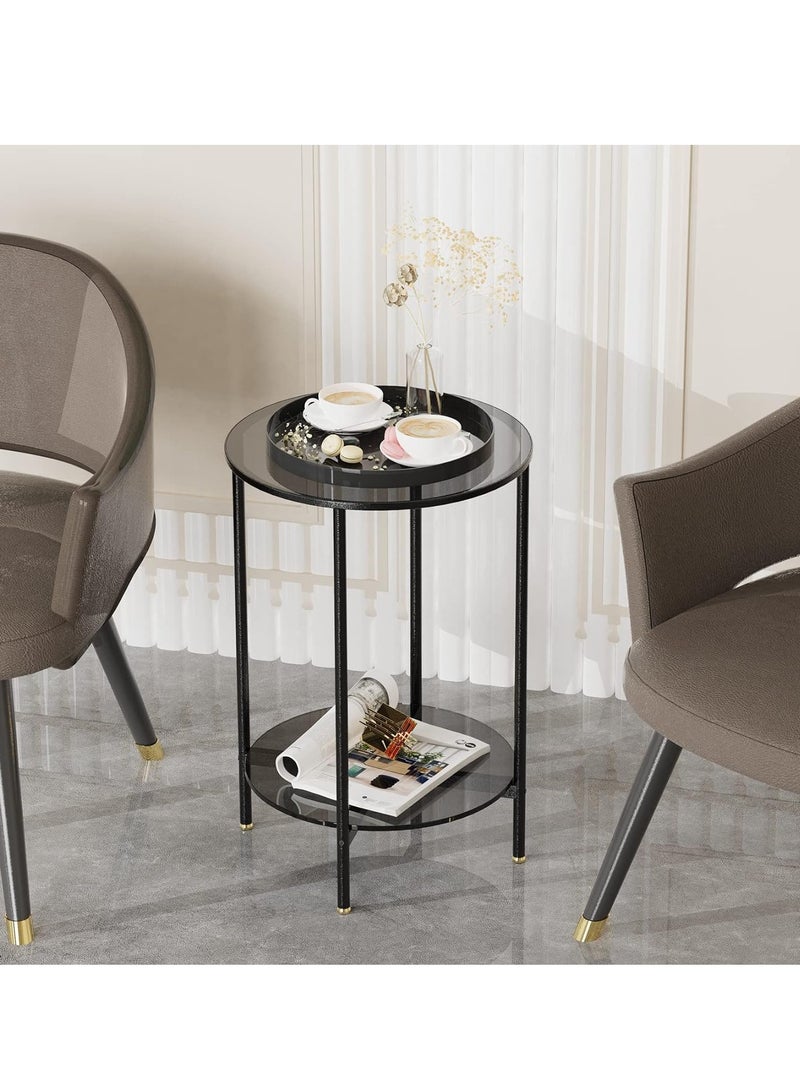 طاولة من الزجاج المقسى الملون، طاولة جانبية مستديرة من طبقتين، طاولة بجانب السرير باللون الرمادي، طاولة جانبية للتخزين الحديثة، طاولة جانبية من الزجاج البسيط مع إطار غير لامع، طاولة أريكة بجانب السرير - Image 3