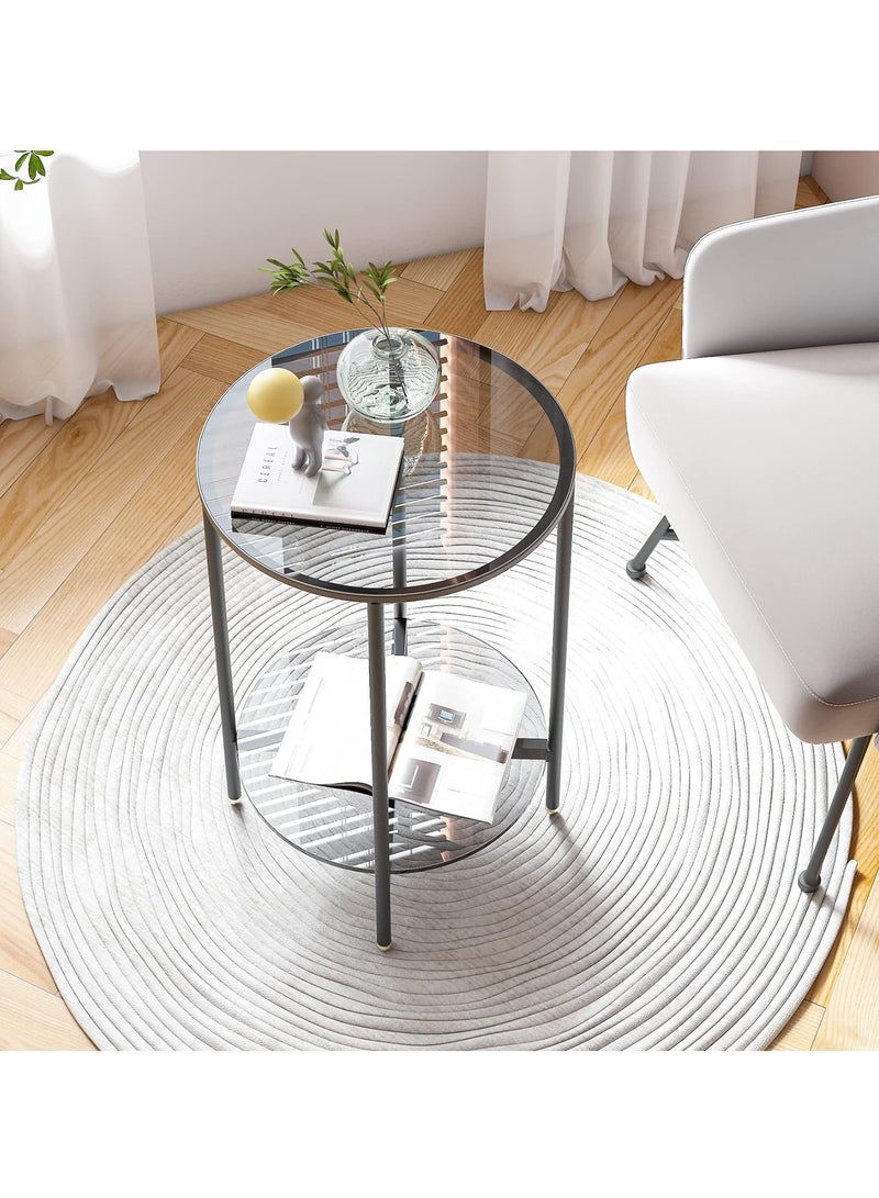 طاولة من الزجاج المقسى الملون، طاولة جانبية مستديرة من طبقتين، طاولة بجانب السرير باللون الرمادي، طاولة جانبية للتخزين الحديثة، طاولة جانبية من الزجاج البسيط مع إطار غير لامع، طاولة أريكة بجانب السرير - Image 4