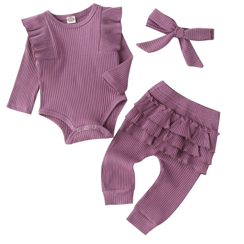Fullfamous Infant Baby Girl Clothes Outfits,Fall Winter Onesie and Pant Set 9-12 months Purple - Image 1