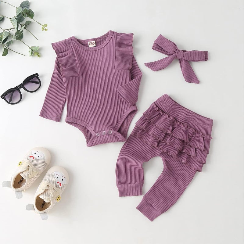 Fullfamous Infant Baby Girl Clothes Outfits,Fall Winter Onesie and Pant Set 9-12 months Purple - Image 2