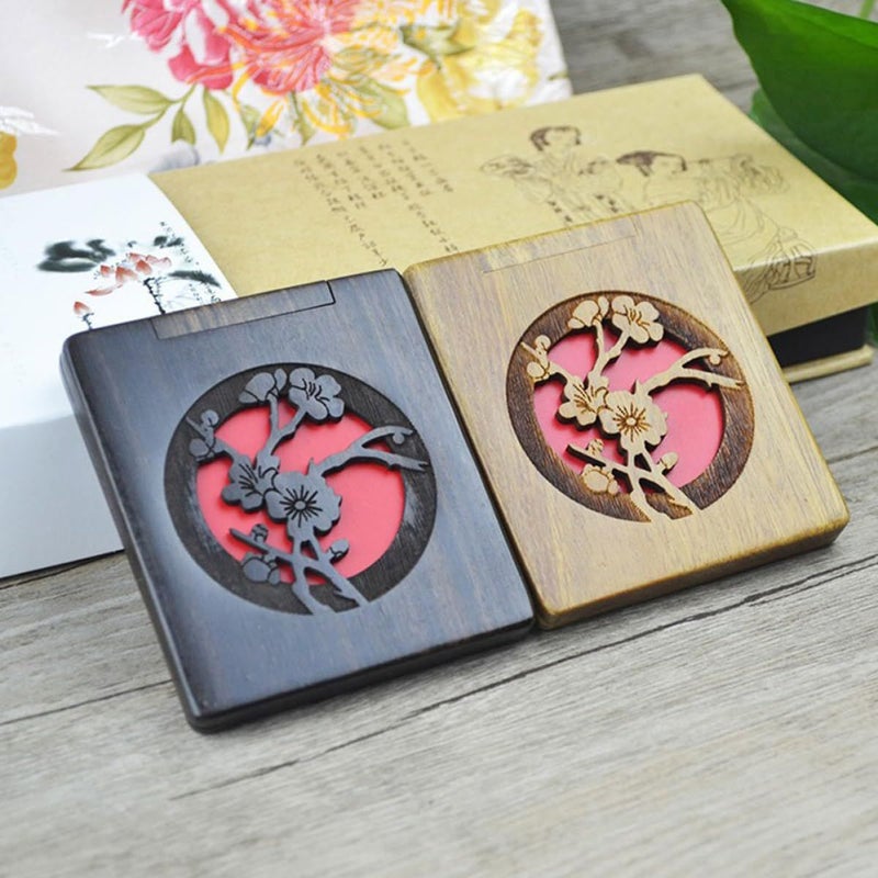 Hollow Carved Plum Blossom Design Portable Wooden Makeup Mirror Foldable Travel Vanity - Image 4