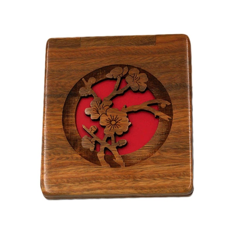 Hollow Carved Plum Blossom Design Portable Wooden Makeup Mirror Foldable Travel Vanity - Image 2