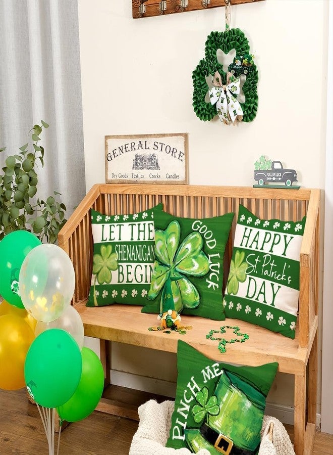 GEEORY Happy St. Patrick's Day Pillow Covers 18 x 18 Inch Set of 4, Green Shamrock Good Luck Leprechaun Hat Pinch Me Farmhouse Throw Pillowcases for Home Sofa Couch Cushion Decoration G431-18 - Image 2