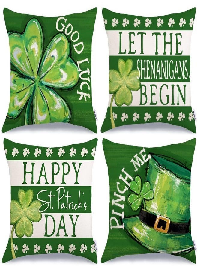 GEEORY Happy St. Patrick's Day Pillow Covers 18 x 18 Inch Set of 4, Green Shamrock Good Luck Leprechaun Hat Pinch Me Farmhouse Throw Pillowcases for Home Sofa Couch Cushion Decoration G431-18 - Image 1