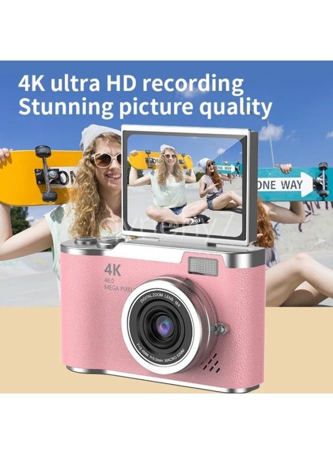 كاميرا رقمية مع بطاقة ذاكرة 64 جيجابايت، تقريب رقمي 4K CCD، كاميرات رقمية للطلاب، كاميرا تصوير رقمية محمولة بدقة 48 ميجابكسل، كاميرا سيلفي بشاشة قلابة 180 درجة، كاميرا جيب محمولة - view 2