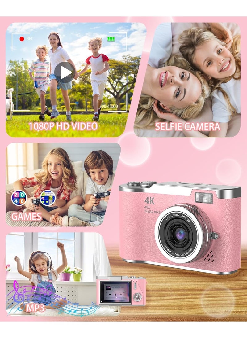 كاميرا رقمية مع بطاقة ذاكرة 64 جيجابايت، تقريب رقمي 4K CCD، كاميرات رقمية للطلاب، كاميرا تصوير رقمية محمولة بدقة 48 ميجابكسل، كاميرا سيلفي بشاشة قلابة 180 درجة، كاميرا جيب محمولة - view 5