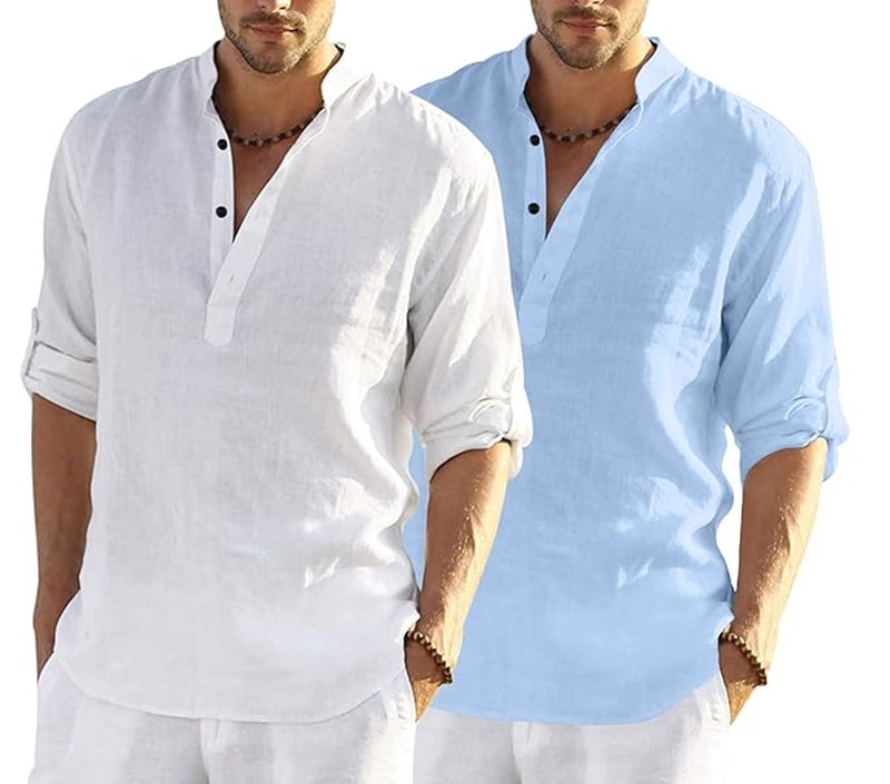 Bellstone Men's Cotton Blend Straight Kurta Shirt Combo with Mandarin Collar - Slim Fit Casual Short Kurti Set Featuring Textured Slub Fabric and Roll-Up Full Sleeves - Image 1