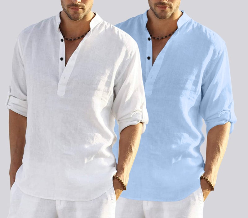 Bellstone Men's Cotton Blend Straight Kurta Shirt Combo with Mandarin Collar - Slim Fit Casual Short Kurti Set Featuring Textured Slub Fabric and Roll-Up Full Sleeves - Image 2