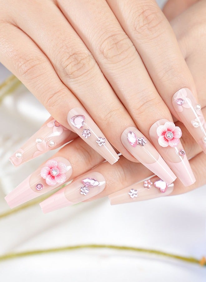 24 Pieces Of Press-On Nail Art Patches, Comes With Nail Art Tools, Pink Peach Department Three-Dimensional Flower Patches, Trapezoidal Long Nails, Fingertips Slim, Daily Versatile Dating, Convenient Patches, Easy To Remove Does Not Hurt The Nail, Healthy And Safe - Image 1