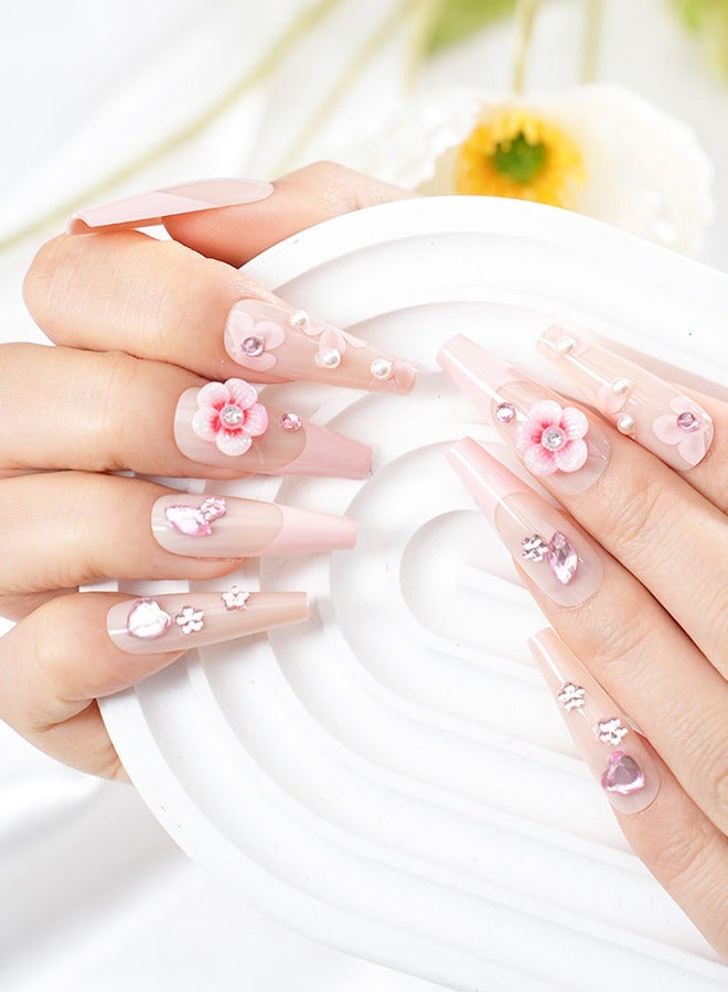 24 Pieces Of Press-On Nail Art Patches, Comes With Nail Art Tools, Pink Peach Department Three-Dimensional Flower Patches, Trapezoidal Long Nails, Fingertips Slim, Daily Versatile Dating, Convenient Patches, Easy To Remove Does Not Hurt The Nail, Healthy And Safe - Image 2