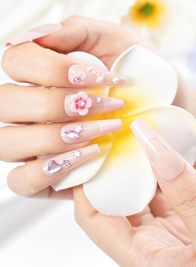 24 Pieces Of Press-On Nail Art Patches, Comes With Nail Art Tools, Pink Peach Department Three-Dimensional Flower Patches, Trapezoidal Long Nails, Fingertips Slim, Daily Versatile Dating, Convenient Patches, Easy To Remove Does Not Hurt The Nail, Healthy And Safe - Image 3