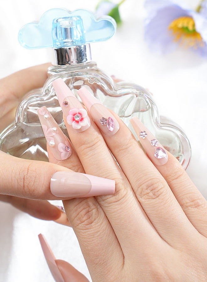 24 Pieces Of Press-On Nail Art Patches, Comes With Nail Art Tools, Pink Peach Department Three-Dimensional Flower Patches, Trapezoidal Long Nails, Fingertips Slim, Daily Versatile Dating, Convenient Patches, Easy To Remove Does Not Hurt The Nail, Healthy And Safe - Image 4