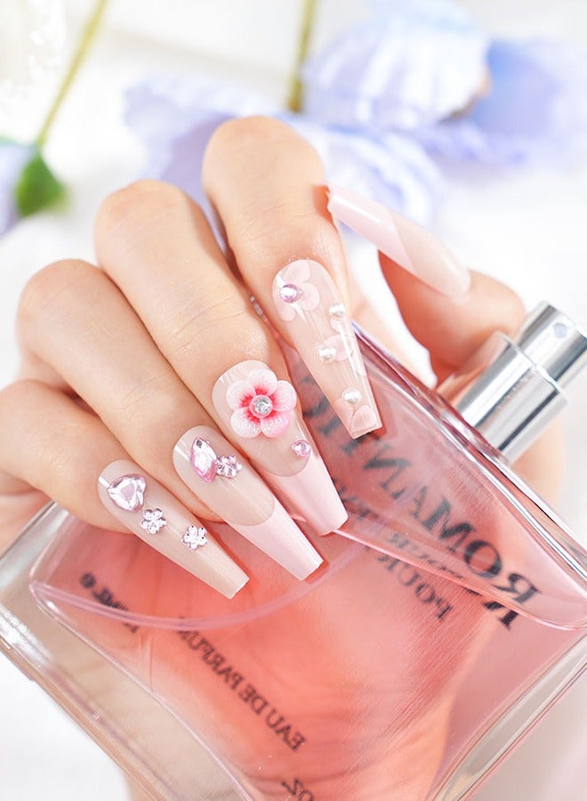 24 Pieces Of Press-On Nail Art Patches, Comes With Nail Art Tools, Pink Peach Department Three-Dimensional Flower Patches, Trapezoidal Long Nails, Fingertips Slim, Daily Versatile Dating, Convenient Patches, Easy To Remove Does Not Hurt The Nail, Healthy And Safe - Image 5