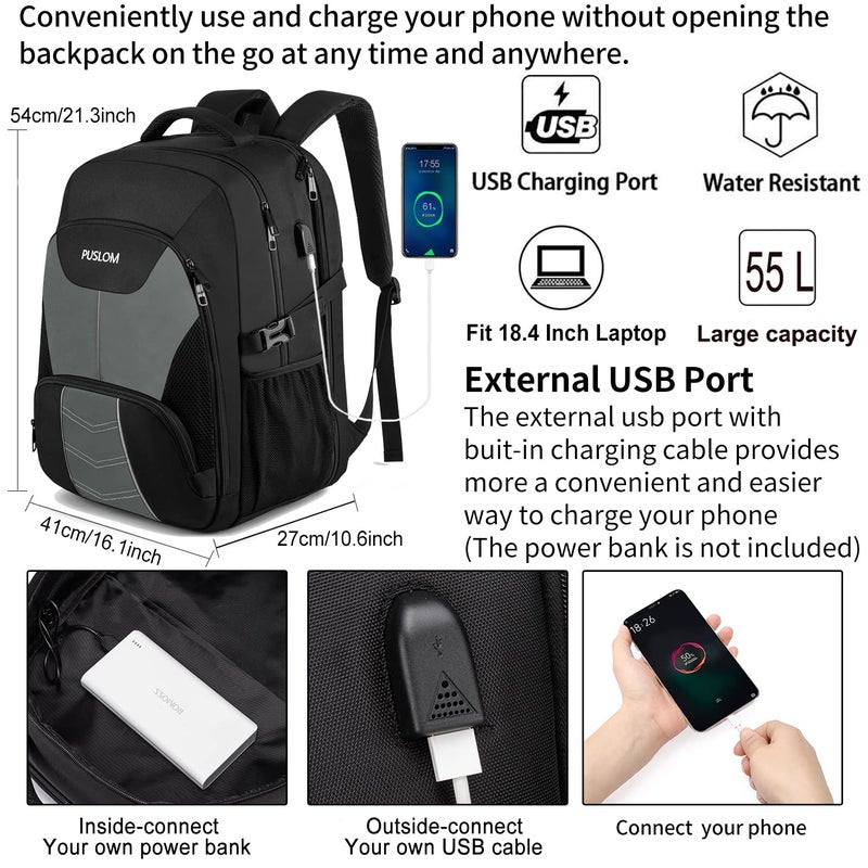 PUSLOM Extra Large Backpack for Men 55L,18.4 Inch Travel Laptop Rucksack with USB Charging Port Business Flight Approved Carry On Backpack,TSA Big Capacity Heavy Duty Computer Bag College School Bookbag,Grey - Image 2