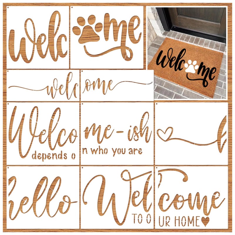 Boqon Welcome Stencils for Painting on Wood Door mats, Reusable Funny Hello Welcome Home Stencils for Doormat Crafts Furniture Sign DIY Canvas (mat10) - Image 1
