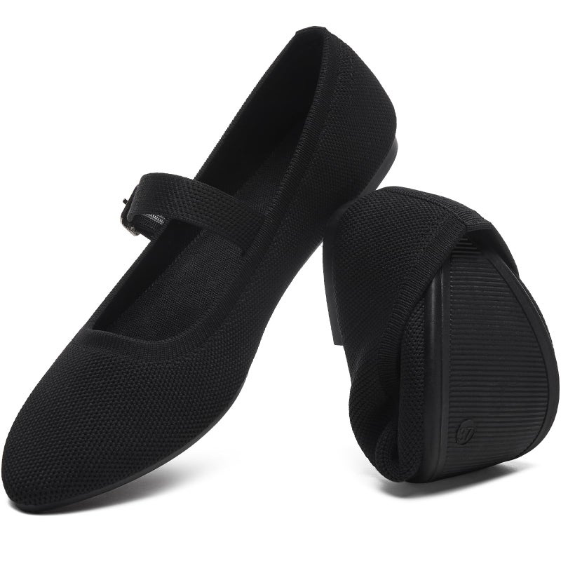 HEAWISH Women's Ballet Flat Shoes Mary Jane Pointed Toe Mesh Flats,Comfortable Slip on Ladies Shoe with Adjustable Strap,Casual Office Dress Flats for Work(Black,US8) - Image 1