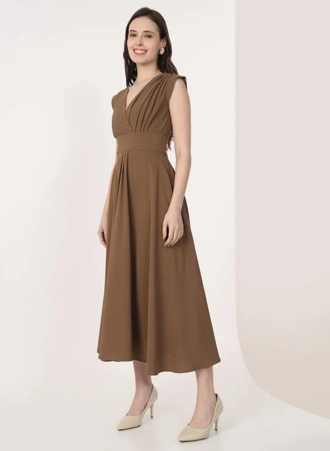 Mish Brown Cap Sleeves Rushed Fit And Flare Midi Dress