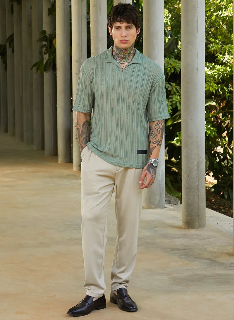 CAHOOT  Men's Sage Green Duo-Striped Relaxed Polo T-Shirt For Casual Wear | Polo Neck | Short Cuffed Sleeves | Pull On Closure | T-Shirt Crafted With Comfort Fit For Everyday Wear for Men | Best Price UAE