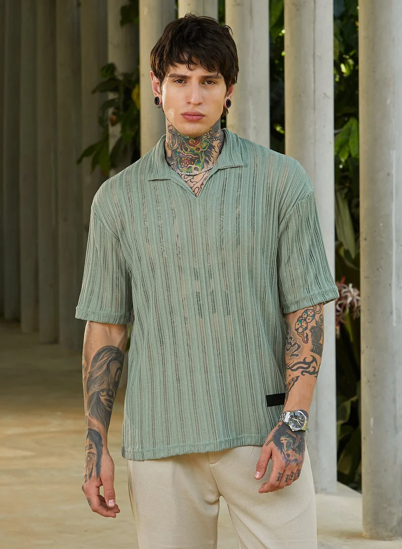 كامبوس سوترا Men's Sage Green Duo-Striped Relaxed Polo T-Shirt For Casual Wear | Polo Neck | Short Cuffed Sleeves | Pull On Closure | T-Shirt Crafted With Comfort Fit For Everyday Wear