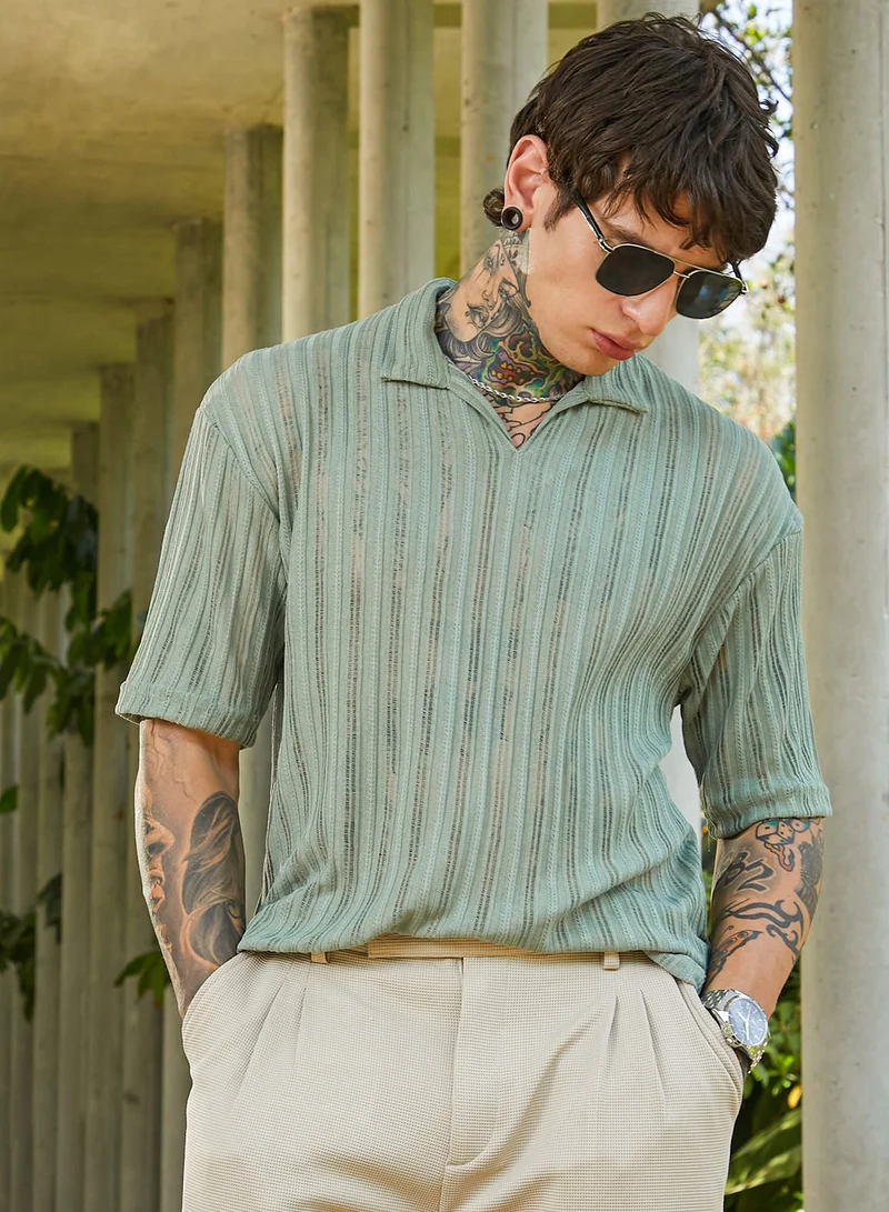 كامبوس سوترا Men's Sage Green Duo-Striped Relaxed Polo T-Shirt For Casual Wear | Polo Neck | Short Cuffed Sleeves | Pull On Closure | T-Shirt Crafted With Comfort Fit For Everyday Wear