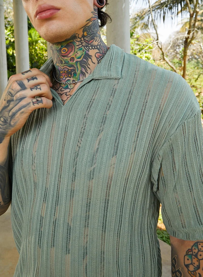 CAHOOT  Men's Sage Green Duo-Striped Relaxed Polo T-Shirt For Casual Wear | Polo Neck | Short Cuffed Sleeves | Pull On Closure | T-Shirt Crafted With Comfort Fit For Everyday Wear for Men | Best Price UAE
