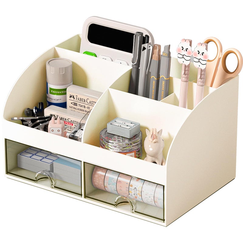 COMFYROOM Desk Organizer with 6 Compartments and 2 Drawers, Plastic Makeup Organizer, Pen Holder for Desktop Storage, Desk Organization for School, Home, Office Supplies (Ivory) - Image 1