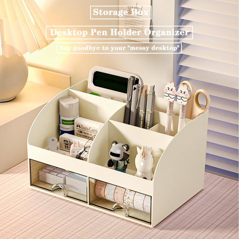 COMFYROOM Desk Organizer with 6 Compartments and 2 Drawers, Plastic Makeup Organizer, Pen Holder for Desktop Storage, Desk Organization for School, Home, Office Supplies (Ivory) - Image 4