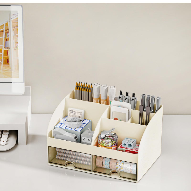 COMFYROOM Desk Organizer with 6 Compartments and 2 Drawers, Plastic Makeup Organizer, Pen Holder for Desktop Storage, Desk Organization for School, Home, Office Supplies (Ivory) - Image 5