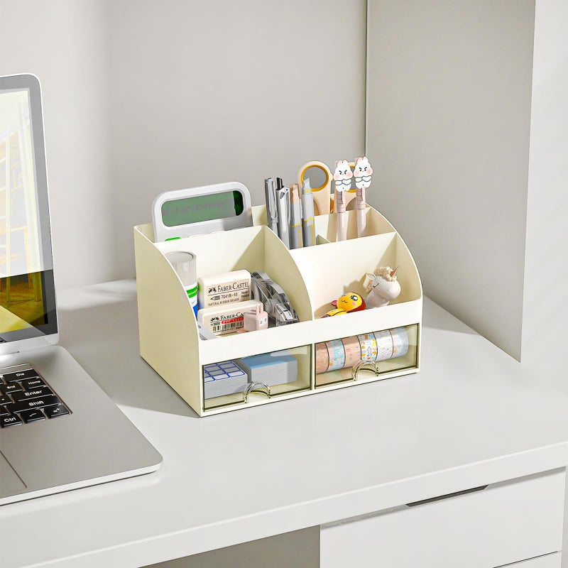 COMFYROOM Desk Organizer with 6 Compartments and 2 Drawers, Plastic Makeup Organizer, Pen Holder for Desktop Storage, Desk Organization for School, Home, Office Supplies (Ivory) - Image 2