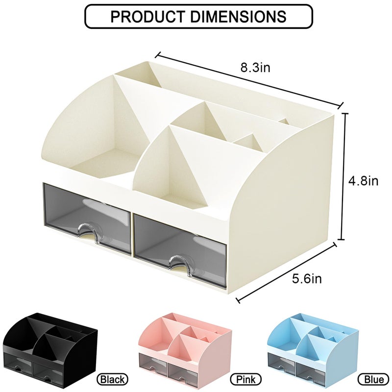 COMFYROOM Desk Organizer with 6 Compartments and 2 Drawers, Plastic Makeup Organizer, Pen Holder for Desktop Storage, Desk Organization for School, Home, Office Supplies (Ivory) - Image 3