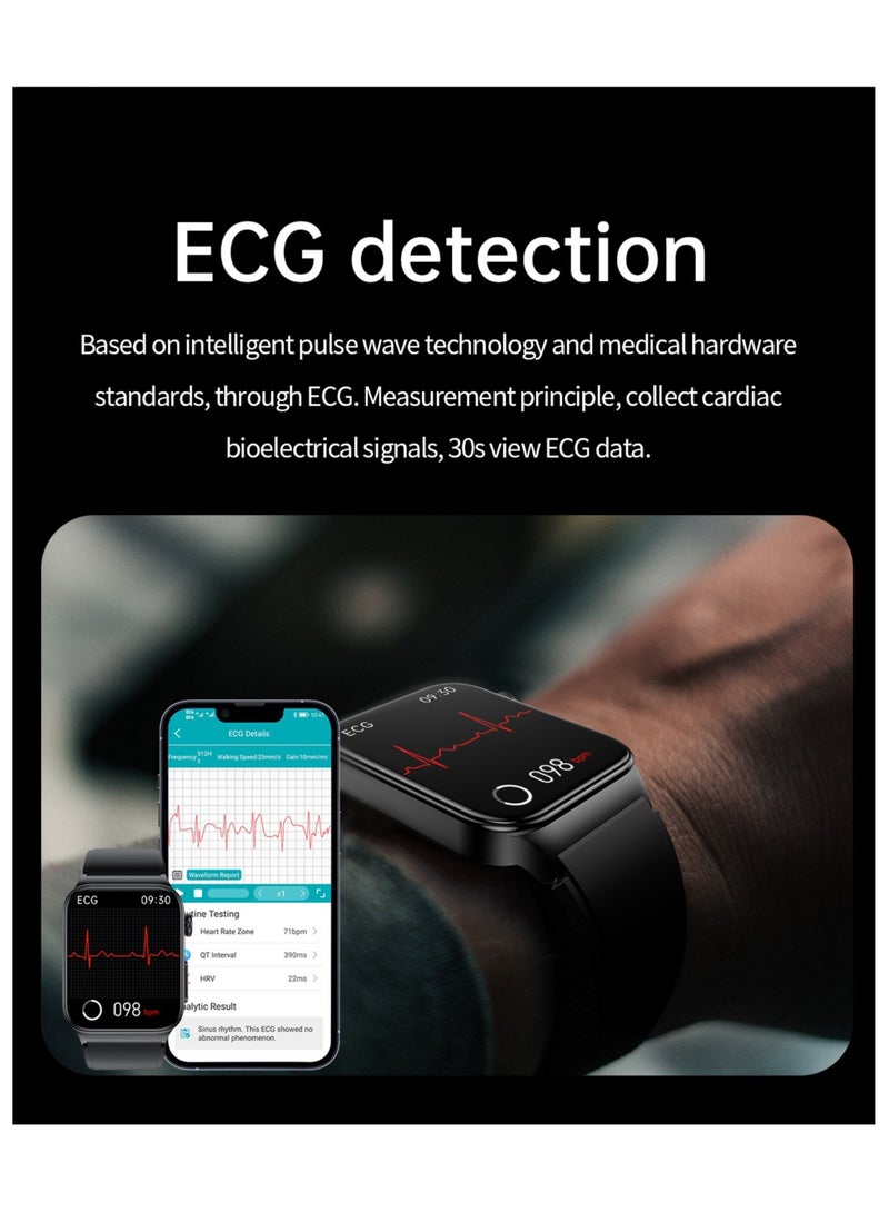 E500 Smart Watch, ECG PPG HRV PTT Blood Glucose Blood Pressure Body Temperature Monitor, IP68 Waterproof Men's Smartwatch (Blue Silicone Strap) - Image 3