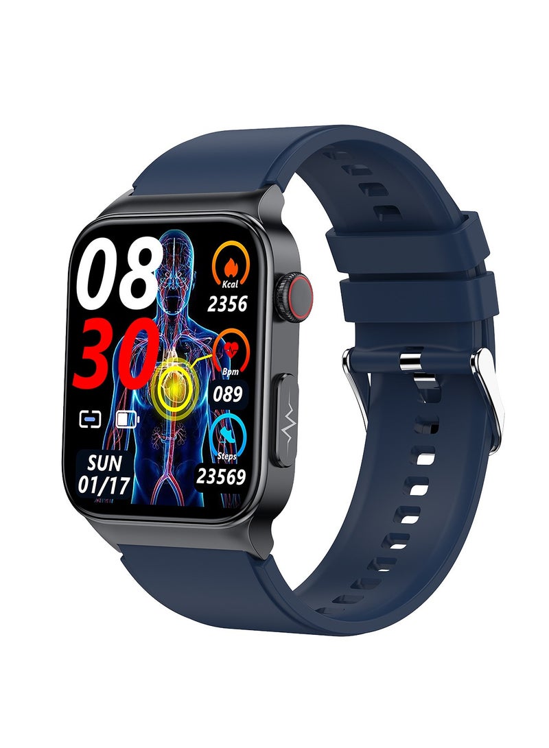 E500 Smart Watch, ECG PPG HRV PTT Blood Glucose Blood Pressure Body Temperature Monitor, IP68 Waterproof Men's Smartwatch (Blue Silicone Strap) - Image 1