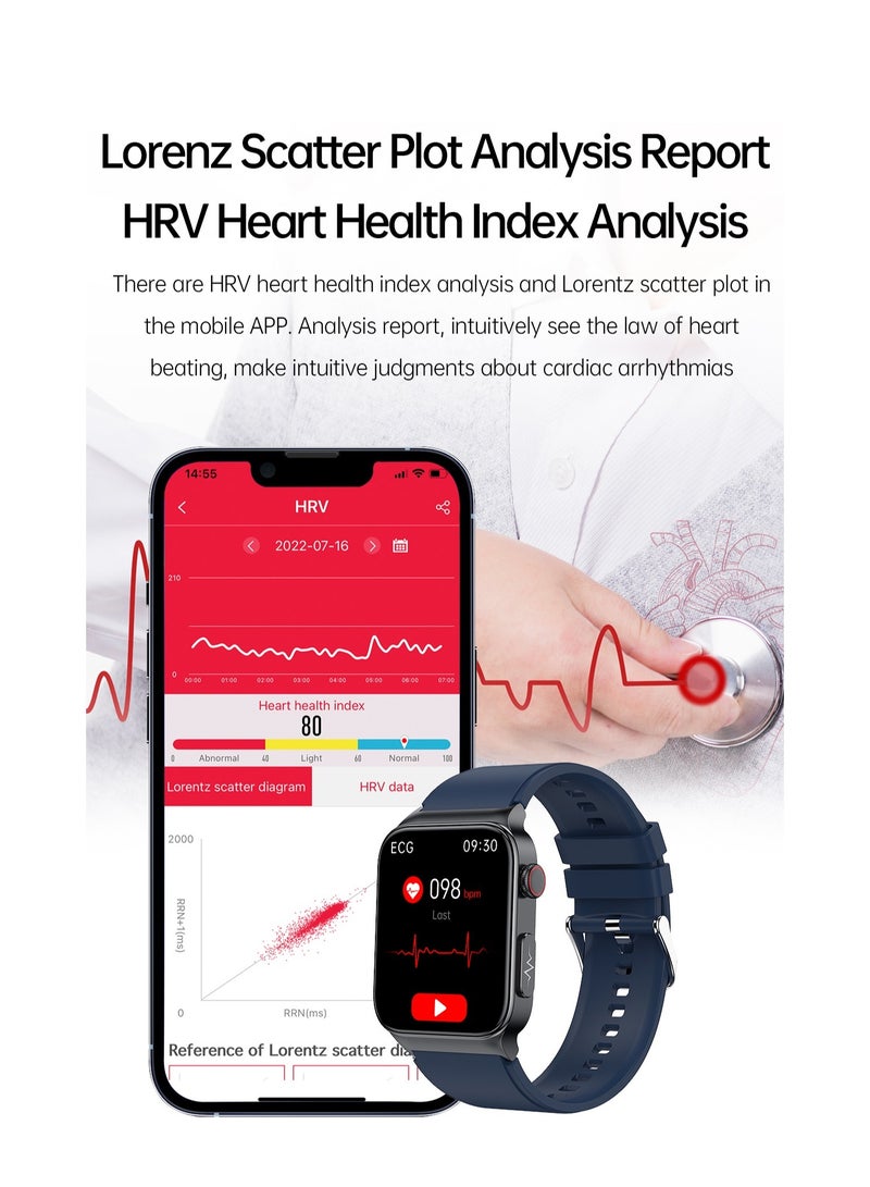 E500 Smart Watch, ECG PPG HRV PTT Blood Glucose Blood Pressure Body Temperature Monitor, IP68 Waterproof Men's Smartwatch (Blue Silicone Strap) - Image 2