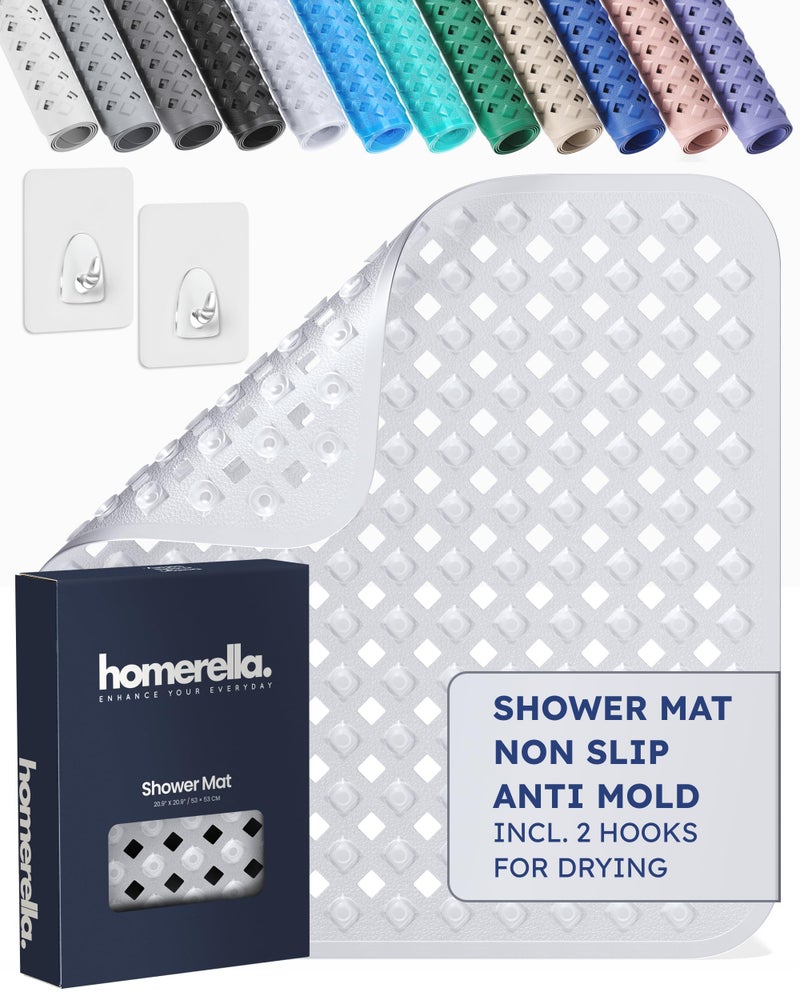 homerella Shower Mat Non Slip Anti Mold Non Slip Shower Mats for Inside Shower Stall Anti Slip Mat Square Shower Floor Mat 21 x 21 in with Suction Cups Hooks for Quick Drying Machine Washable