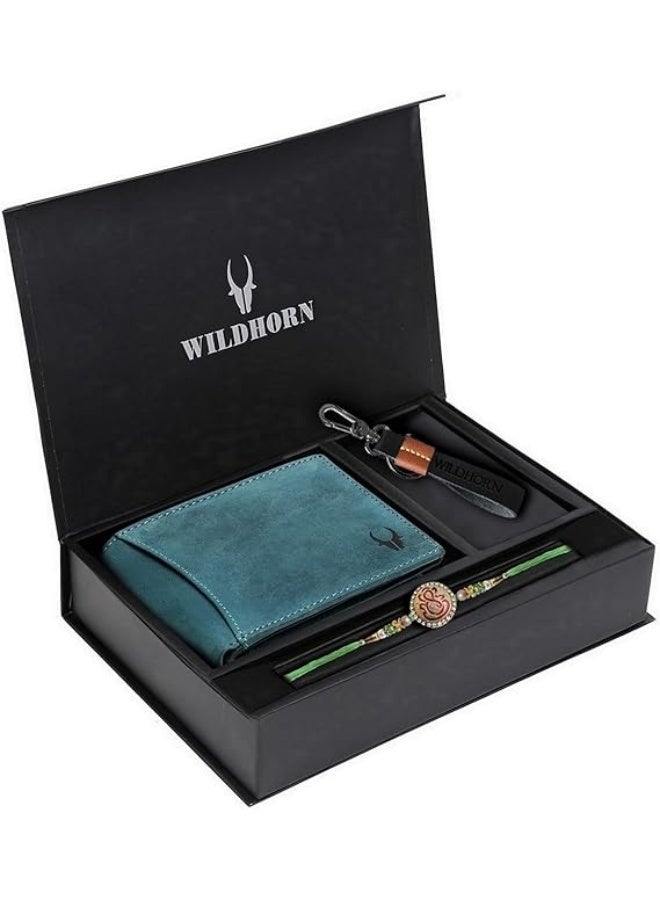 وايلدهورن سلة هدايا WildHorn Rakhi للأخ - مجموعة هدايا كلاسيكية للرجال تتضمن محفظة جلدية، وسلسلة مفاتيح، وRakhi للأخ/بهايا. - Image 1