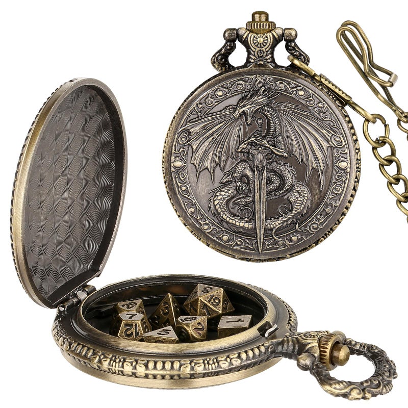 Keller & Weber Mini DND Dice Set Flying Dragon Holds Long Sword Pocket Watch Shell Case DND Starter Set 7pcs Polyhedral Metal Dice Set DD Gifts with Gift Bag Role Playing Board Game AccessoriesBronze - Image 3