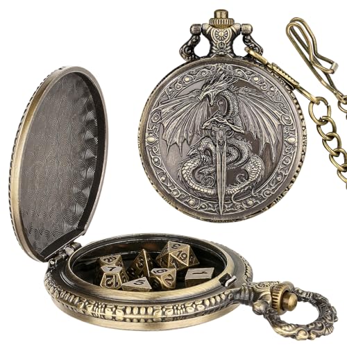 Keller & Weber Mini DND Dice Set Flying Dragon Holds Long Sword Pocket Watch Shell Case DND Starter Set 7pcs Polyhedral Metal Dice Set DD Gifts with Gift Bag Role Playing Board Game AccessoriesBronze - Image 1
