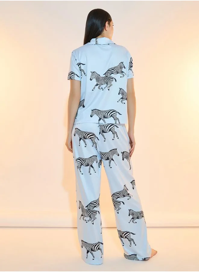 تايك تو Zebra Print Button Placket Shirt and Pyjama Set