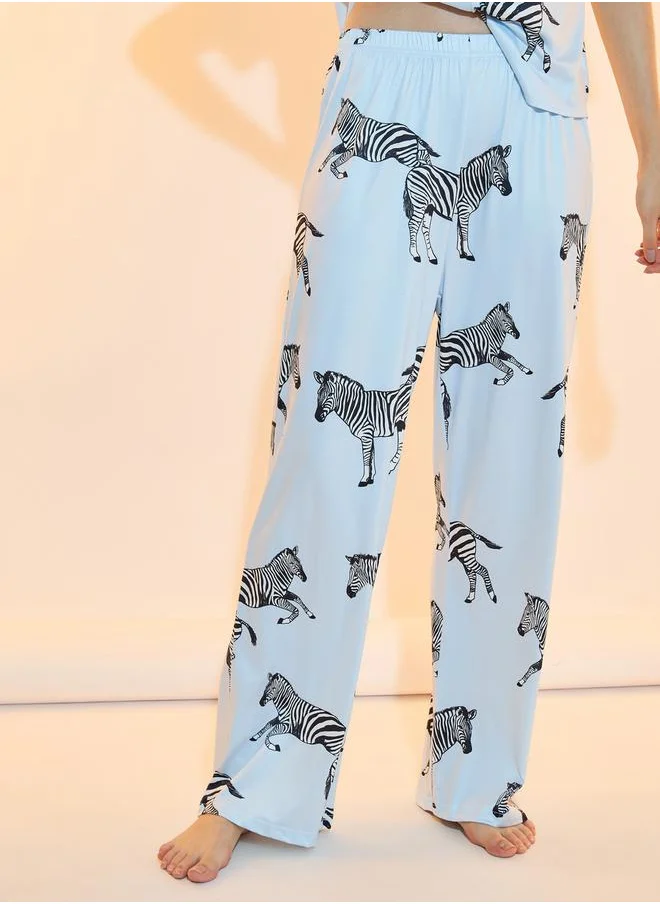 تايك تو Zebra Print Button Placket Shirt and Pyjama Set