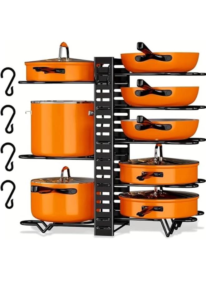 Pot Rack Organizer, 8 Tiers Adjustable Pots and Pans Organizer, Large Capacity Pot Lid Holders & Pan Rack for Kitchen Cabinet and Counter with 3 DIY Methods - Image 1