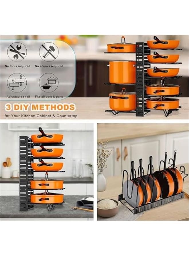 Pot Rack Organizer, 8 Tiers Adjustable Pots and Pans Organizer, Large Capacity Pot Lid Holders & Pan Rack for Kitchen Cabinet and Counter with 3 DIY Methods - Image 2
