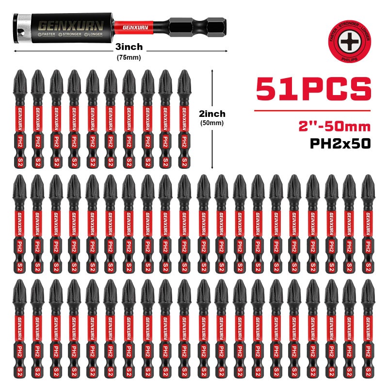 Geinxurn Impact Tough #2 Phillips 2 in. Insert Driver Bits,50Pack PH2 Screwdriver Bits Set with 1Pcs Impact Bit Holder,Bulk - Image 2