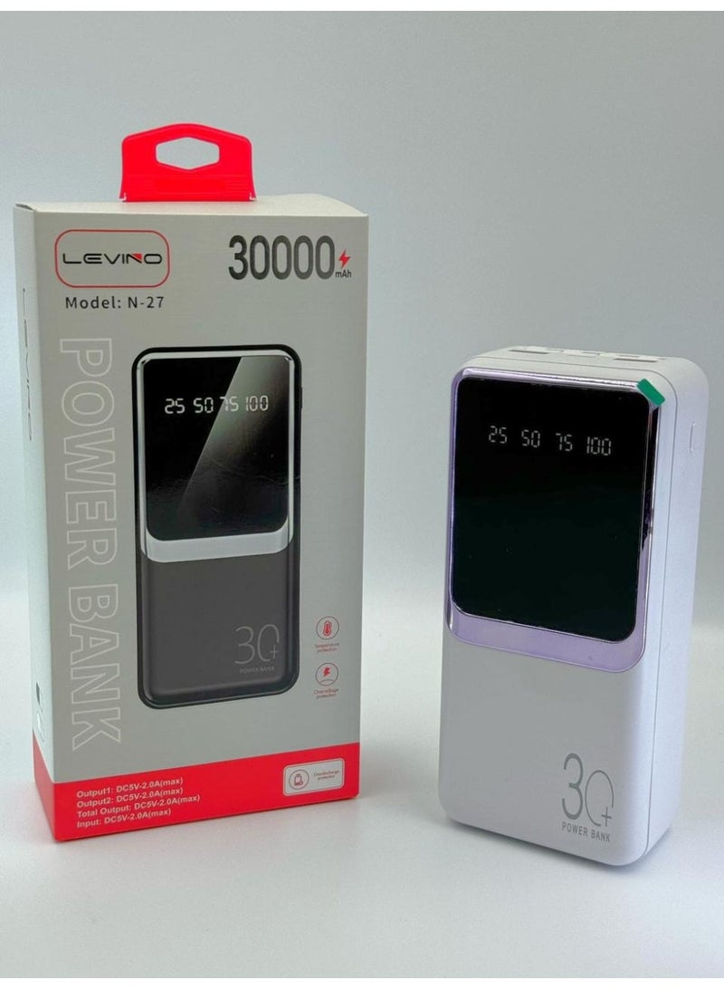 N-27 30000mAh Power Bank with LED Digital Display, Dual USB Output & Fast Charging – White 1 Year Warranty