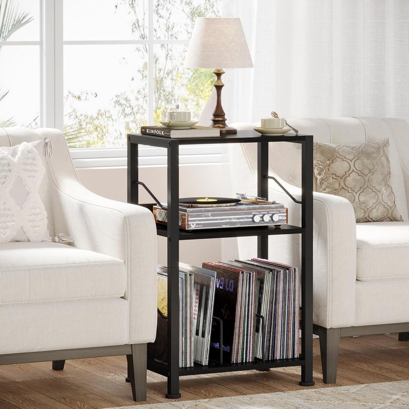 Hosfais 3-Tier Record Player Stand - Retro Vinyl Record Storage End Table Records for Living Room Bedroom (Black) - Image 3