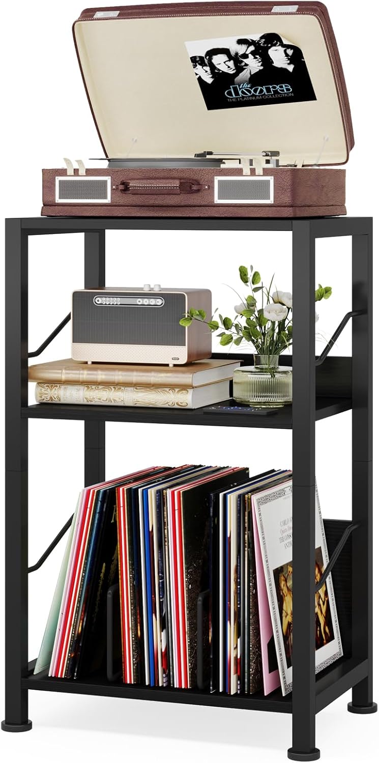 Hosfais 3-Tier Record Player Stand - Retro Vinyl Record Storage End Table Records for Living Room Bedroom (Black) - Image 1
